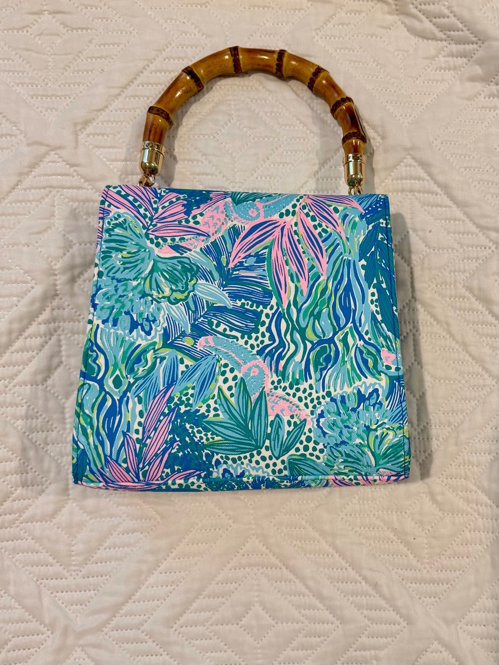 Lilly Pulitzer Bamboo Handle Hand Bag Botanical Green Holiday in the Sun - Picture 2 of 6